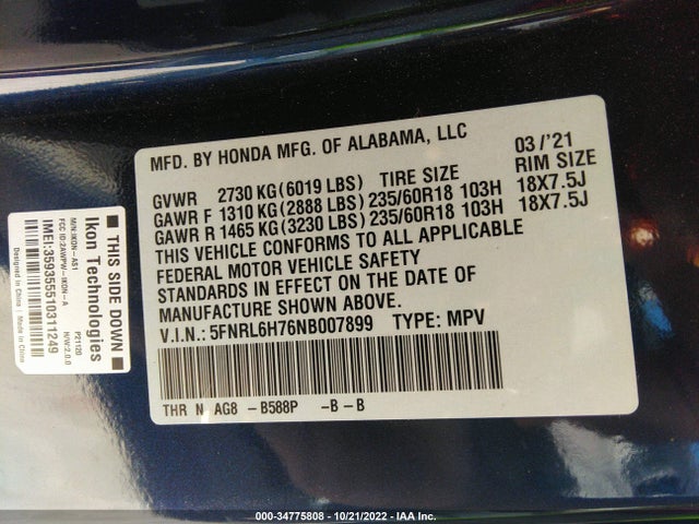 2022 Honda Odyssey, VIN: 5FNRL6H76NB007899