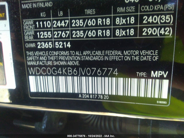 2018 Mercedes-Benz GLC-Class, VIN: WDC0G4KB6JV076774