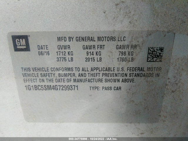 2016 Chevrolet Cruze, VIN: 1G1BC5SM4G7299371