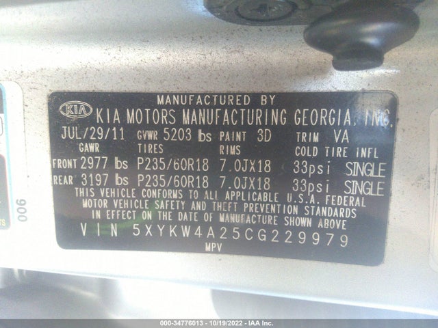 2012 KIA SORENTO SX VIN: 5XYKW4A25CG229979