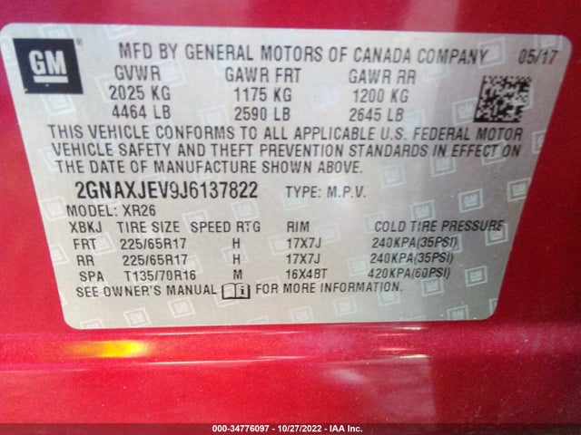 Chevrolet EQUINOX LT 2018 2GNAXJEV9J6137822 Image 9