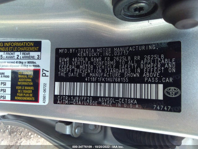 2017 TOYOTA CAMRY XLE/SE/LE/XSE VIN: 4T1BF1FK1HU768155