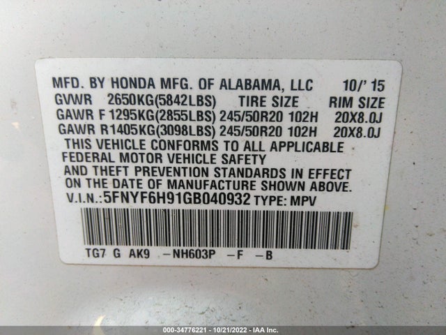 2016 Honda Pilot, VIN: 5FNYF6H91GB040932