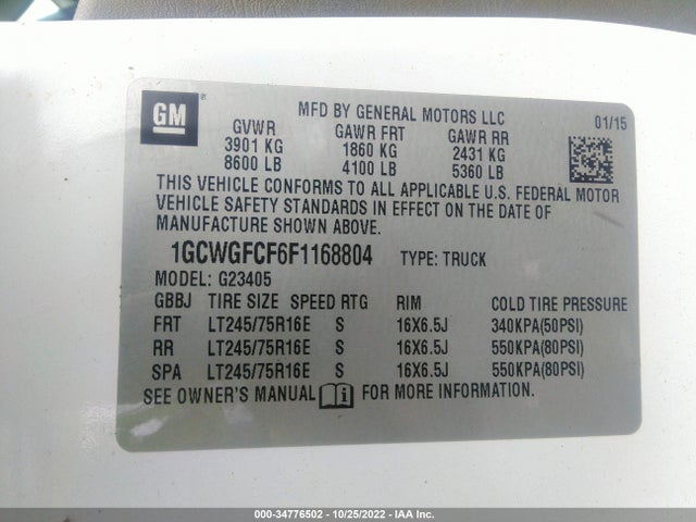 2015 Chevrolet Express, VIN: 1GCWGFCF6F1168804