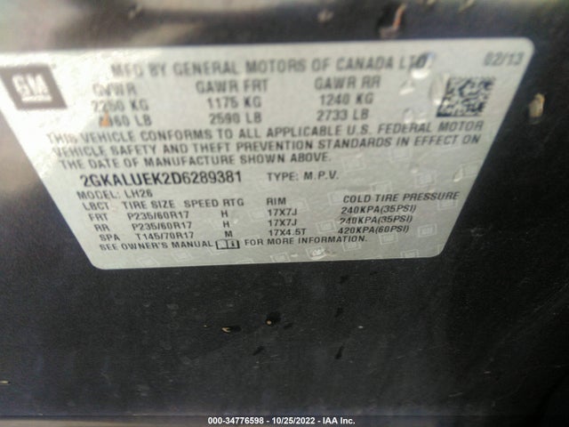 2013 GMC TERRAIN SLT VIN: 2GKALUEK2D6289381