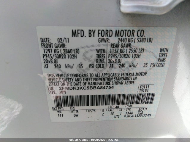 2011 FORD EDGE LIMITED VIN: 2FMDK3KC5BBA84754
