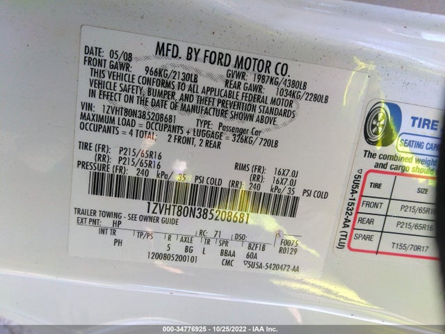 2008 FORD MUSTANG DELUXE/PREMIUM VIN: 1ZVHT80N385208681