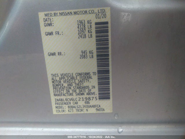 2020 NISSAN ALTIMA 2.5 SR VIN: 1N4BL4CV6LC219875