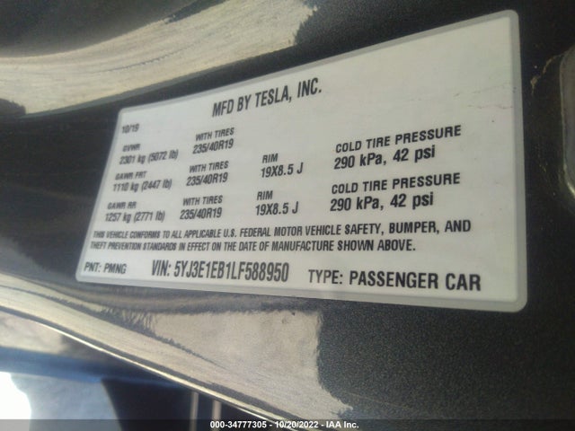 Tesla MODEL 3 2020 5YJ3E1EB1LF588950 Image 10
