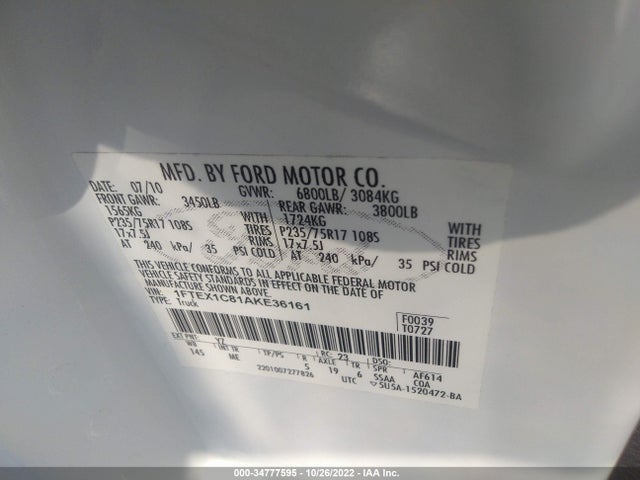 2010 FORD F-150 XL/STX/XLT/FX2 SPORT VIN: 1FTEX1C81AKE36161