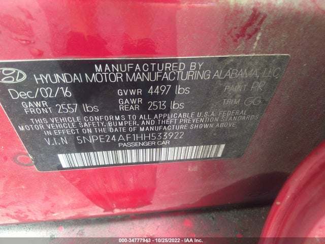 2017 HYUNDAI SONATA 2.4L VIN: 5NPE24AF1HH533922