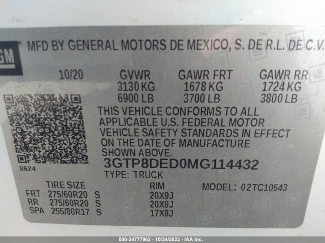 2021 GMC Sierra 1500, VIN: 3GTP8DED0MG114432