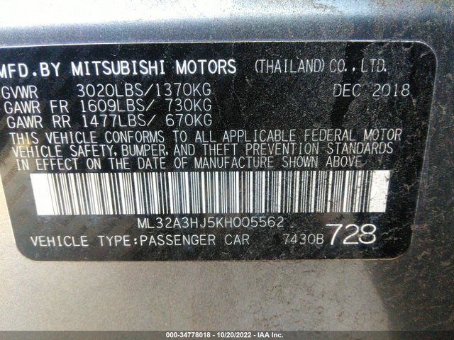 2019 MITSUBISHI MIRAGE ES/RF VIN: ML32A3HJ5KH005562