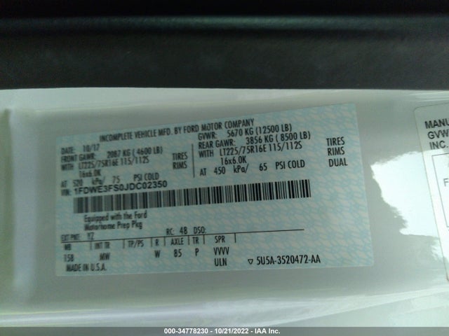2018 FORD E-SERIES CUTAWAY VIN: 1FDWE3FS0JDC02350