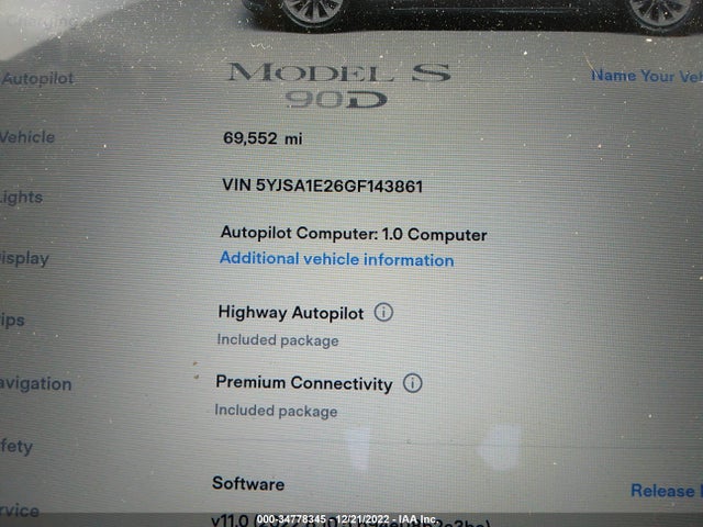 2016 Tesla Model S, VIN: 5YJSA1E26GF143861
