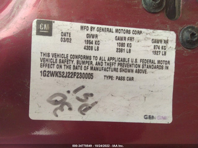 2002 PONTIAC GRAND PRIX SE VIN: 1G2WK52J22F230005