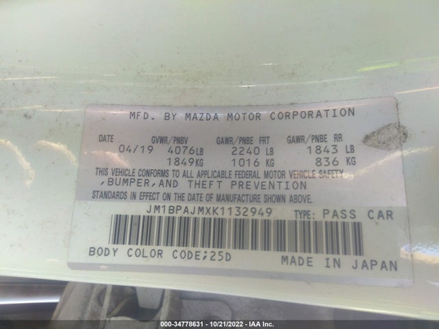 2019 Mazda 3, VIN: JM1BPAJMXK1132949