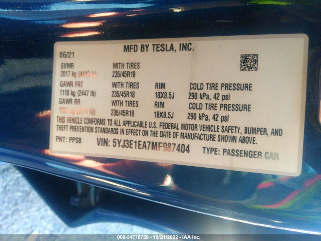 Tesla Model 3 Standard Range Plus 2021 5YJ3E1EA7MF987404 Image 10