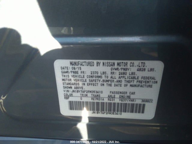 34778822 :رقم المزاد ، JN1BV7AP2FM353410 vin ، 2015 Infiniti Q50 Sport مزاد بيع