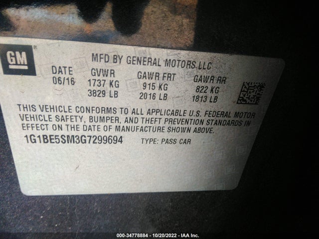 2016 Chevrolet Cruze, VIN: 1G1BE5SM3G7299694