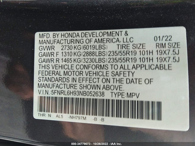 2022 Honda Odyssey, VIN: 5FNRL6H93NB052638
