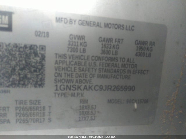 2018 Chevrolet Tahoe, VIN: 1GNSKAKC9JR265990