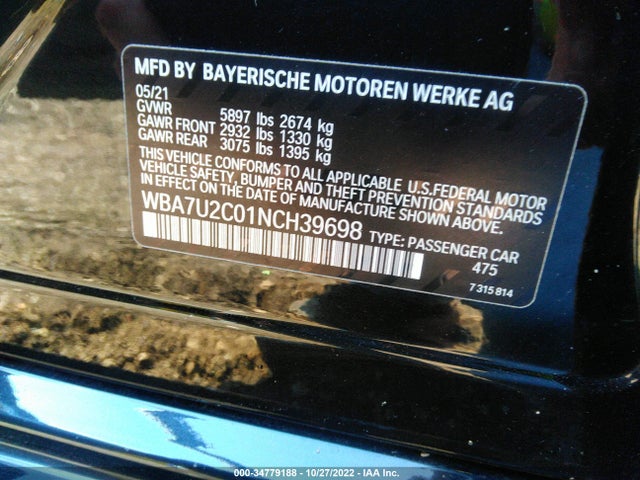2022 BMW 7 Series, VIN: WBA7U2C01NCH39698