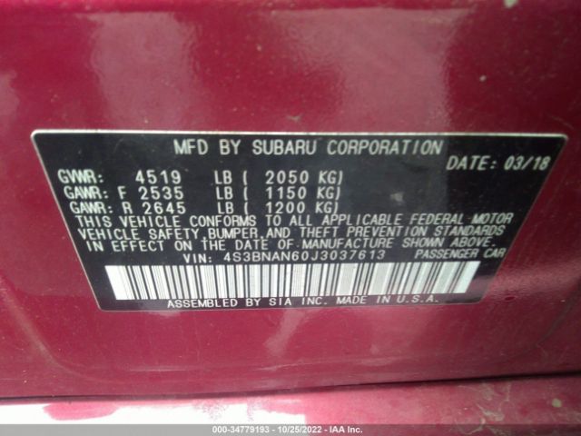 4S3BNAN60J3037613 Subaru Legacy Limited