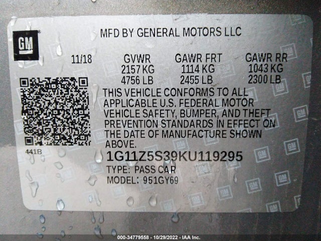 2019 CHEVROLET IMPALA LT VIN: 1G11Z5S39KU119295