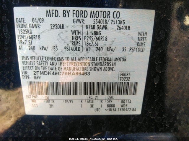 2009 FORD EDGE LIMITED VIN: 2FMDK49C79BA86463