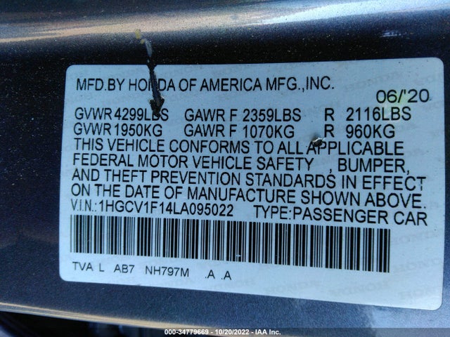 2020 Honda Accord, VIN: 1HGCV1F14LA095022
