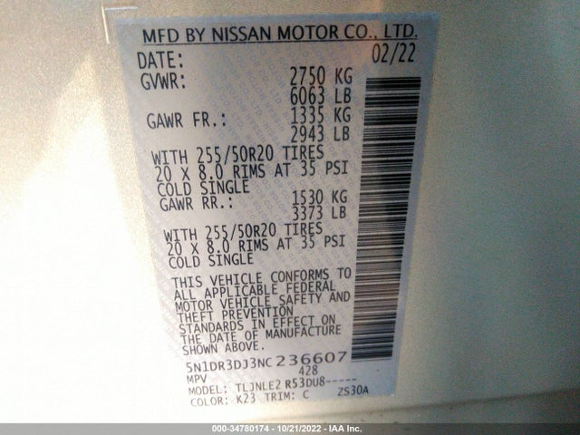 2022 Nissan Pathfinder, VIN: 5N1DR3DJ3NC236607