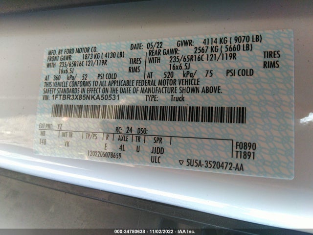 2022 Ford Transit, VIN: 1FTBR3X85NKA50531
