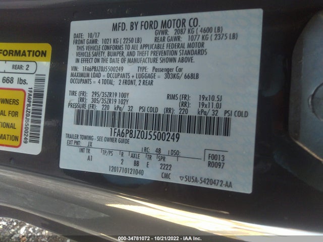 2018 Ford Mustang, VIN: 1FA6P8JZ0J5500249