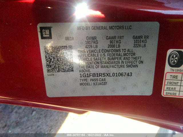 Chevrolet Camaro 1lt 2020 1G1FB1RSXL0106743 Image 10