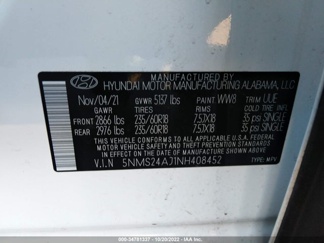 2022 Hyundai Santa Fe, VIN: 5NMS24AJ1NH408452