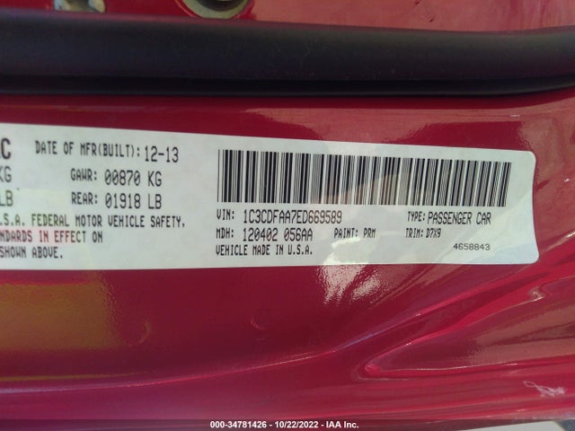 Dodge DART SE 2014 1C3CDFAA7ED669589 Image 9
