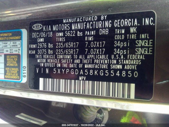 5XYPGDA58KG554850 KIA Sorento Lx V6