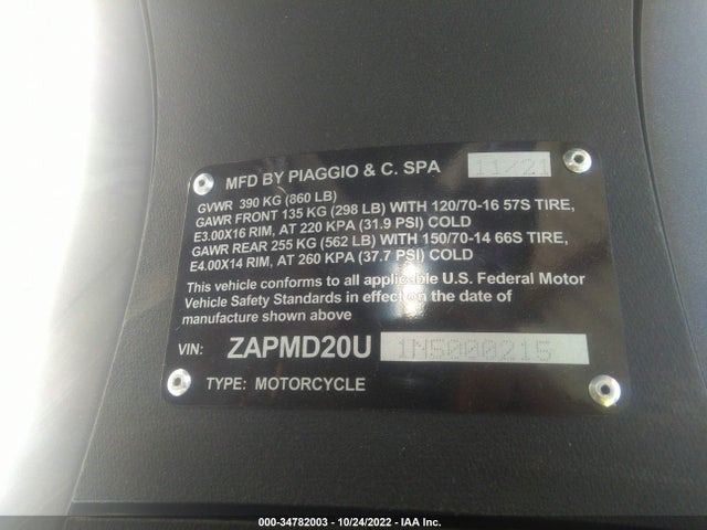 2022 PIAGGIO BV VIN: ZAPMD20U1N5000215