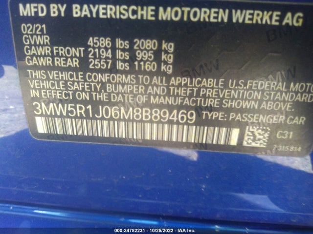 BMW 3 Series 330i 2021 аукцион фото