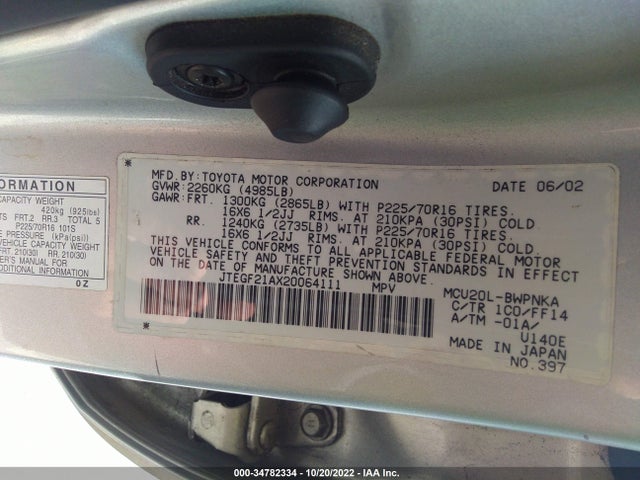 2002 TOYOTA HIGHLANDER VIN: JTEGF21AX20064111