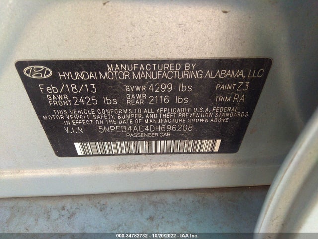 2013 HYUNDAI SONATA GLS VIN: 5NPEB4AC4DH696208