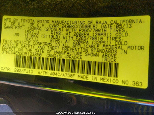 2013 TOYOTA TACOMA VIN: 3TMLU4EN3DM123890