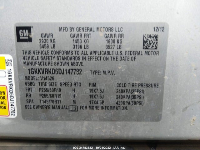 GMC ACADIA SLT 2013 1GKKVRKD6DJ147782 Image 10