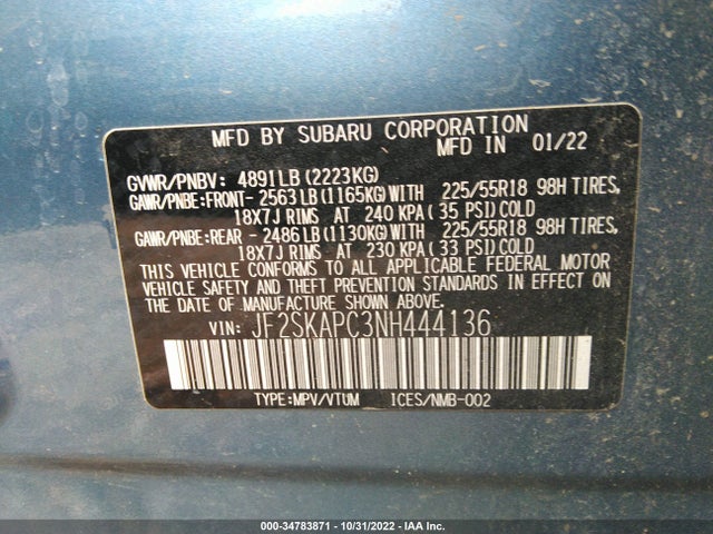2022 SUBARU FORESTER LIMITED VIN: JF2SKAPC3NH444136