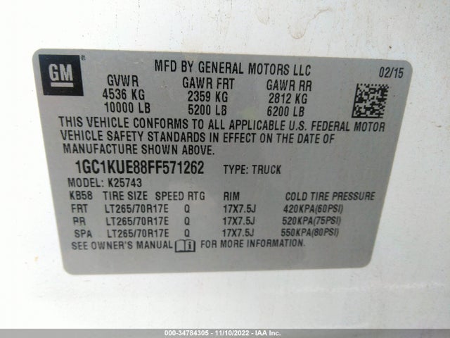 2015 CHEVROLET SILVERADO 2500HD WORK TRUCK VIN: 1GC1KUE88FF571262