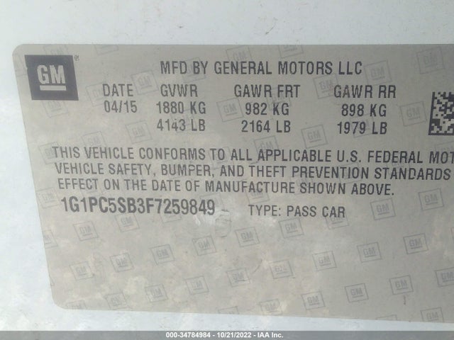 2015 Chevrolet Cruze, VIN: 1G1PC5SB3F7259849