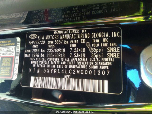 5XYRL4LC2MG001307 KIA SORENTO S