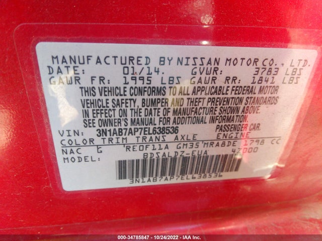2014 NISSAN SENTRA S/FE+ S/SV/FE+ SV/SR/SL VIN: 3N1AB7AP7EL638536