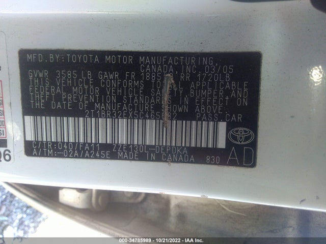 2005 TOYOTA COROLLA CE/S/LE VIN: 2T1BR32EX5C465682